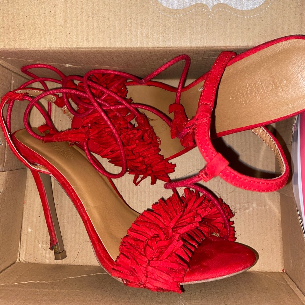 Red lace up heeled sandals